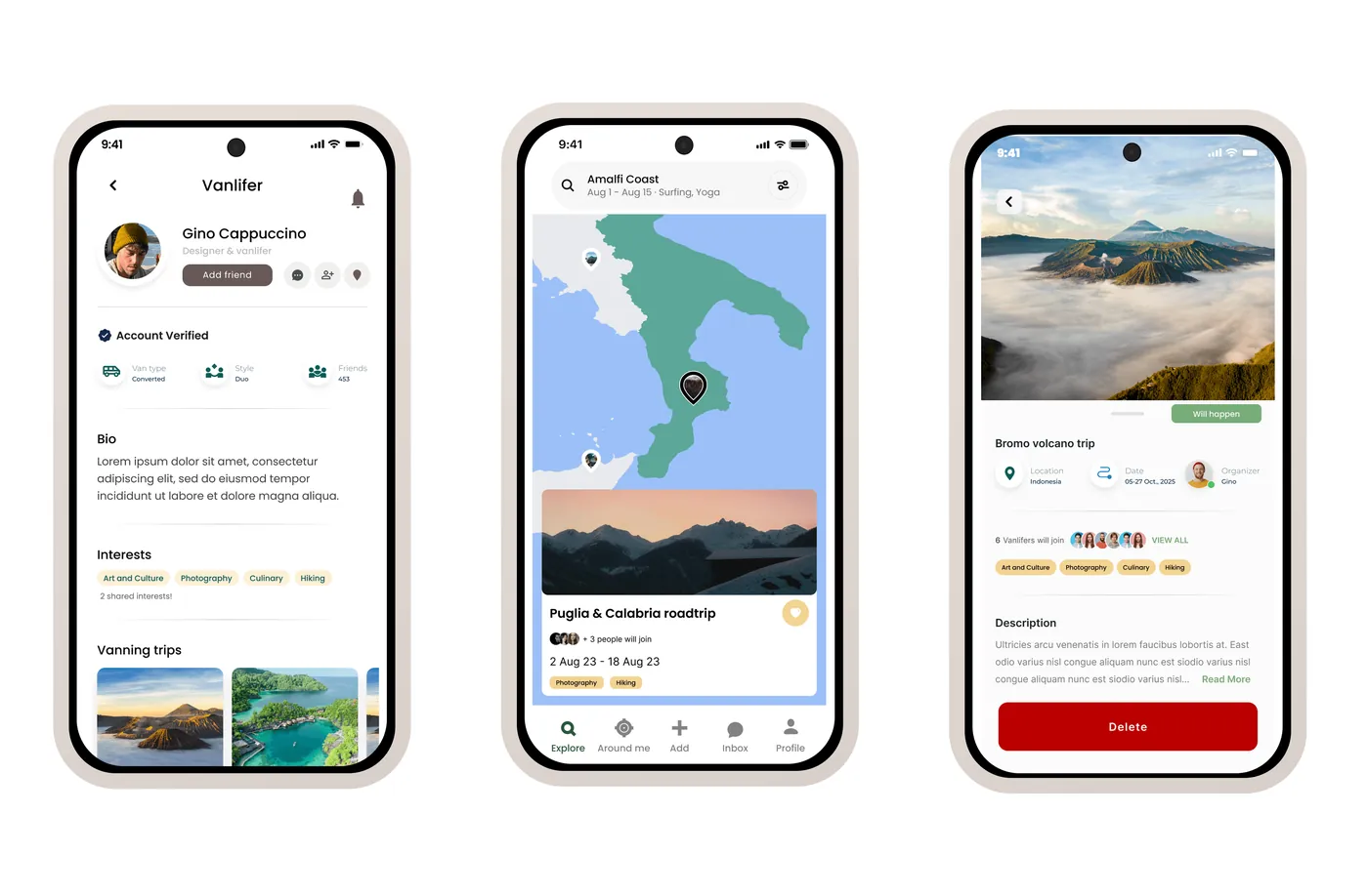 High fidelity app screens, profile, map and trip