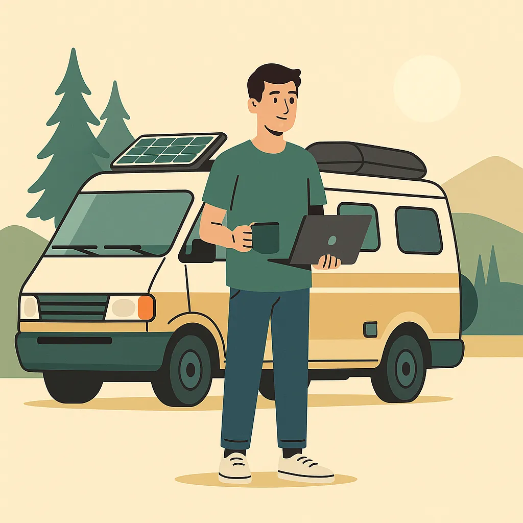 A solo vanlifer with a campervan and a laptop